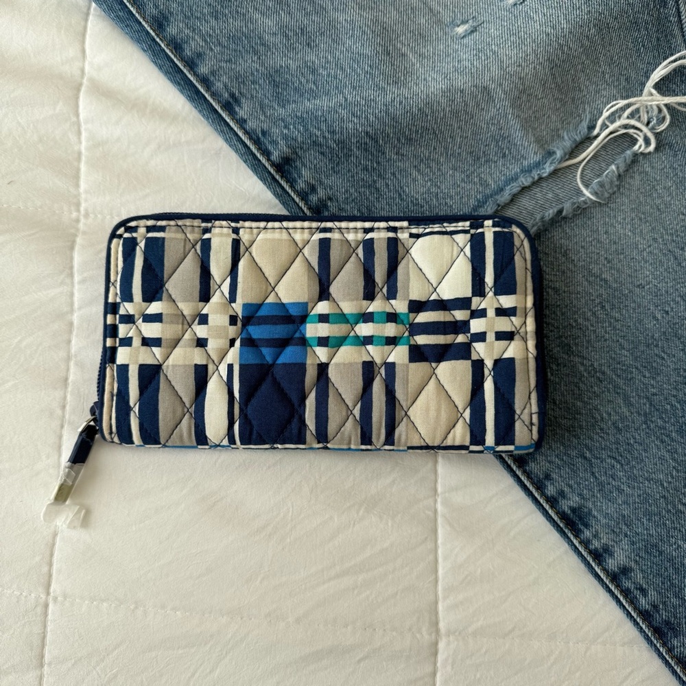 Vera Bradley Full Zip Wallet Blue Gray‎ Teal Plaid Check Brand New
